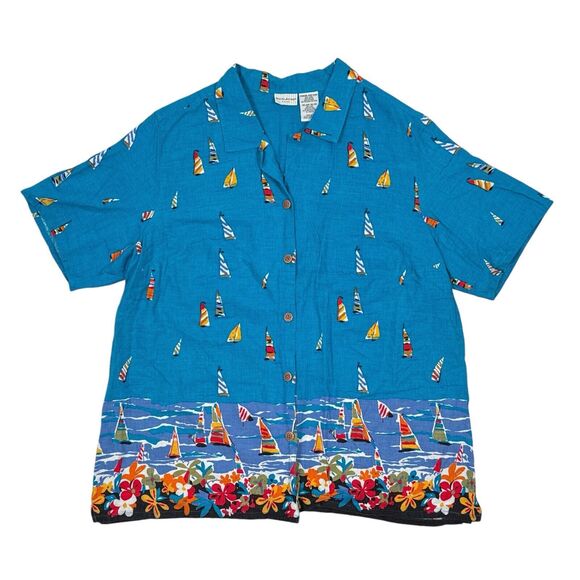 White Stag Shirt Plus Size 18W / 20W Blue Button Front Linen Sailboat Beach - Picture 1 of 9